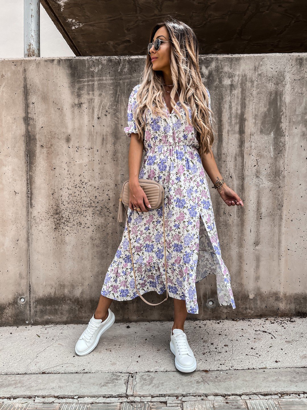 Annabelle Lilac Floral Print Button Midi Dress